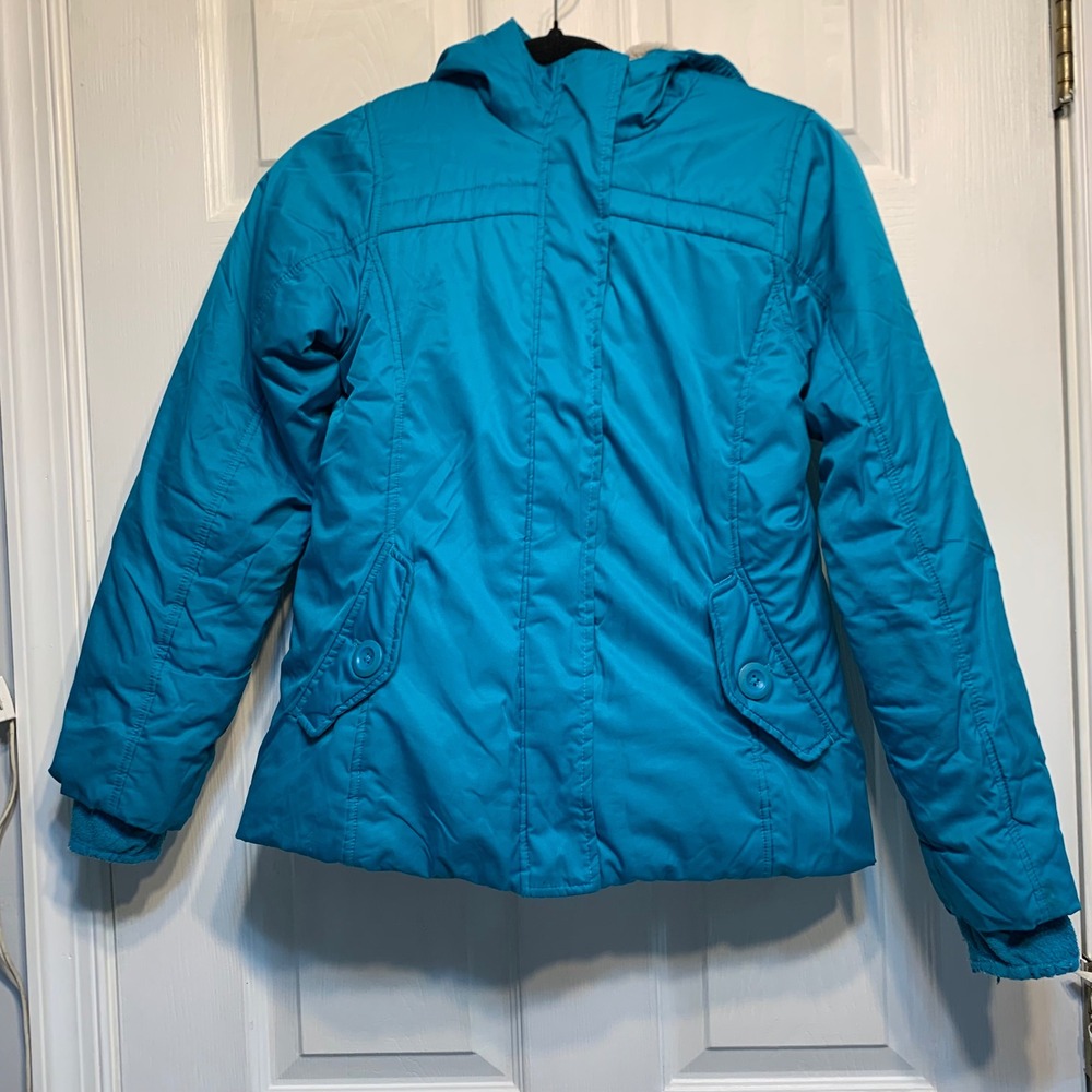 Lands' End Puffer Jacket Kids Size M 10-12 Blue Hooded Faux Fur Lined Insulated